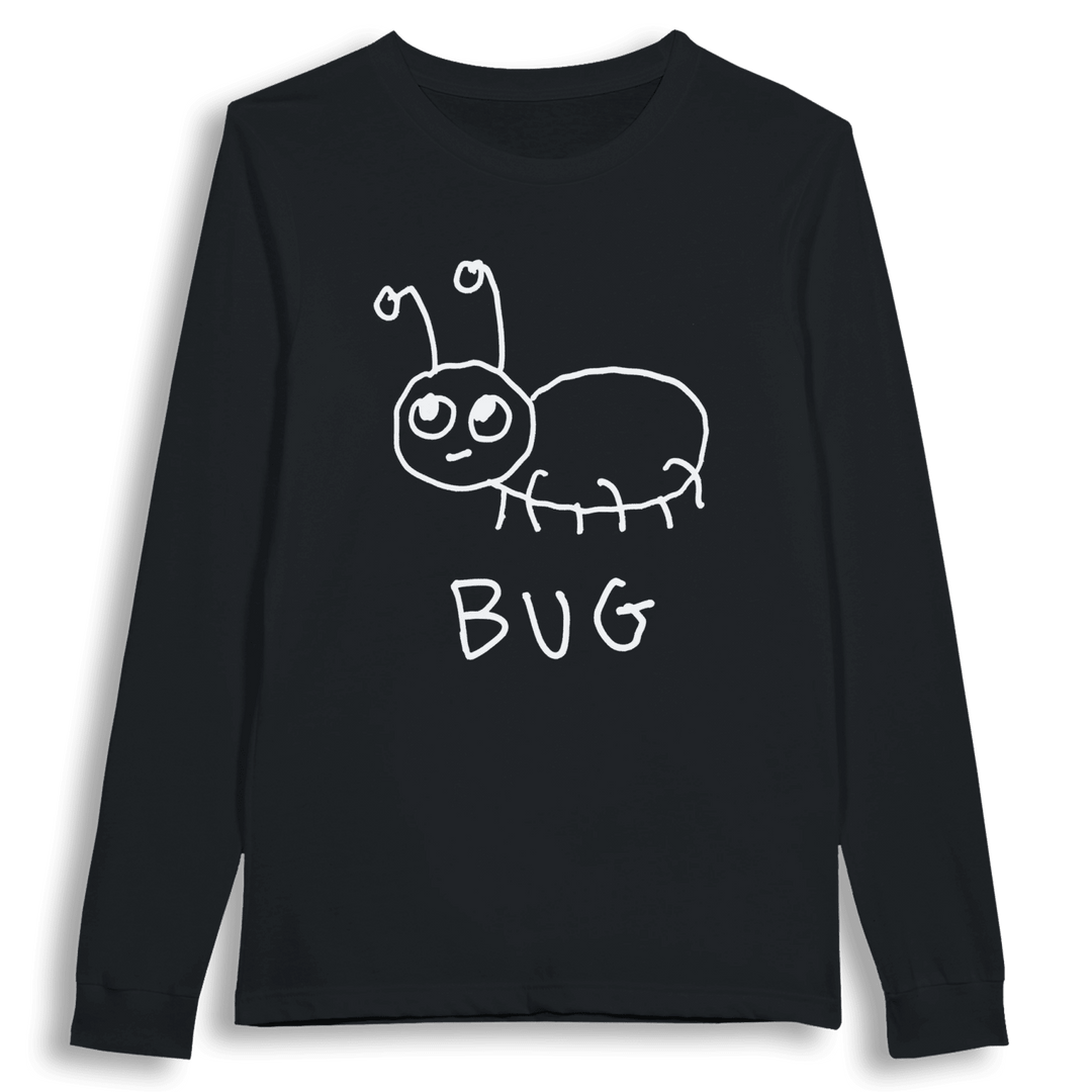 lo-fi Bug Long Sleeve Tee — hand-drawn bug graphic on a white long-sleeve t-shirt
