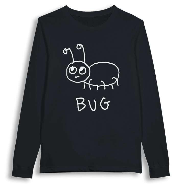 lo-fi Bug Long Sleeve Tee — hand-drawn bug graphic on a white long-sleeve t-shirt