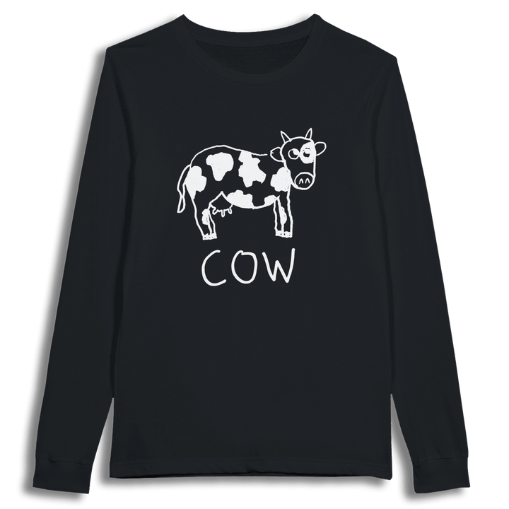 lo-fi Cow Long Sleeve Tee — hand-drawn cow graphic on a white long-sleeve t-shirt