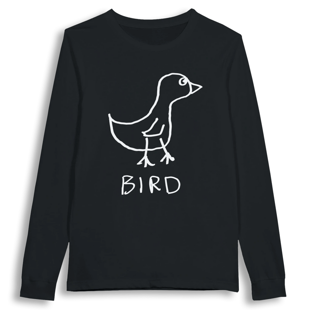 lo-fi Bird Long Sleeve Tee — hand-drawn bird graphic on a white long-sleeve t-shirt