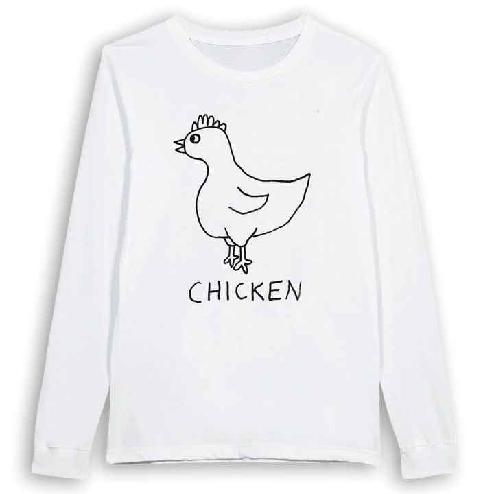lo-fi Chicken Long Sleeve Tee — hand-drawn chicken graphic on a white long-sleeve t-shirt
