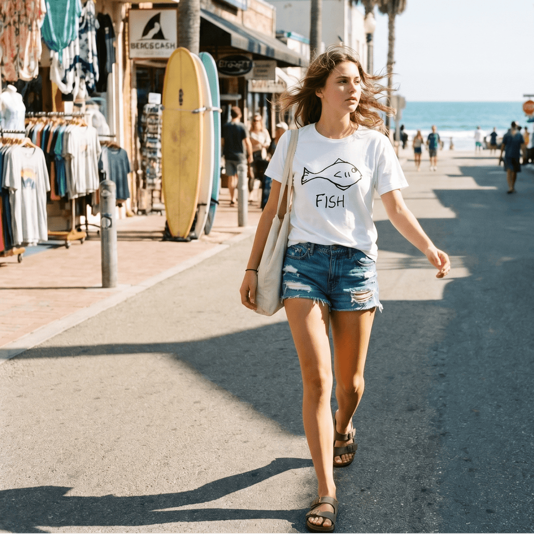 Woman walking a sunny beach town street with palms wearing a lo-fi Fish Women&