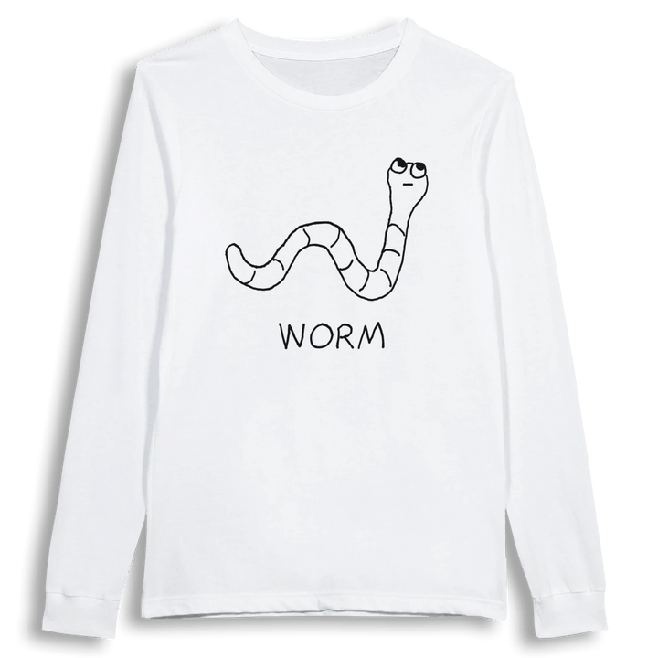 lo-fi Worm Long Sleeve Tee — hand-drawn worm graphic on a white long-sleeve t-shirt
