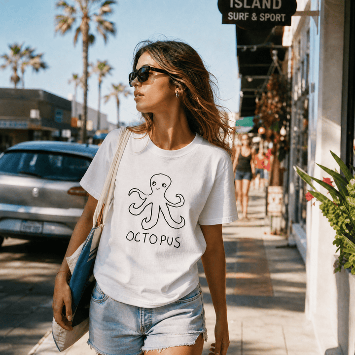 Woman walking a palm-tree beach town street wearing a lo-fi Octopus Women&