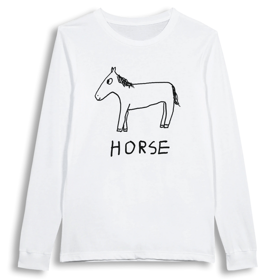 lo-fi Horse Long Sleeve Tee — hand-drawn horse graphic on a white long-sleeve t-shirt