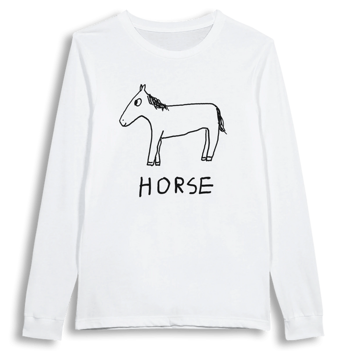 lo-fi Horse Long Sleeve Tee — hand-drawn horse graphic on a white long-sleeve t-shirt