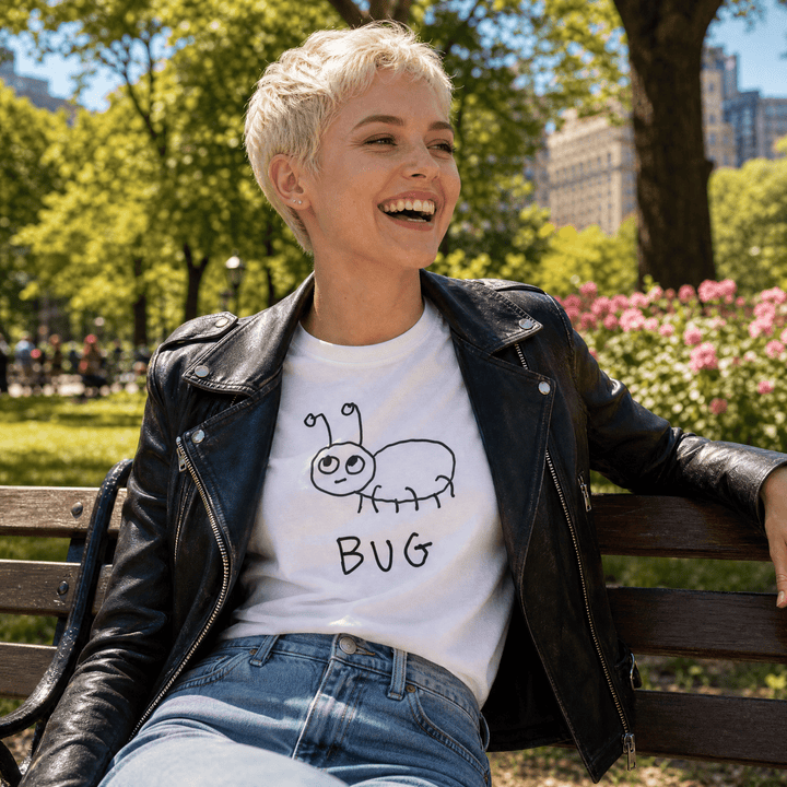 Woman seated on a park bench in a lo-fi Bug Women&