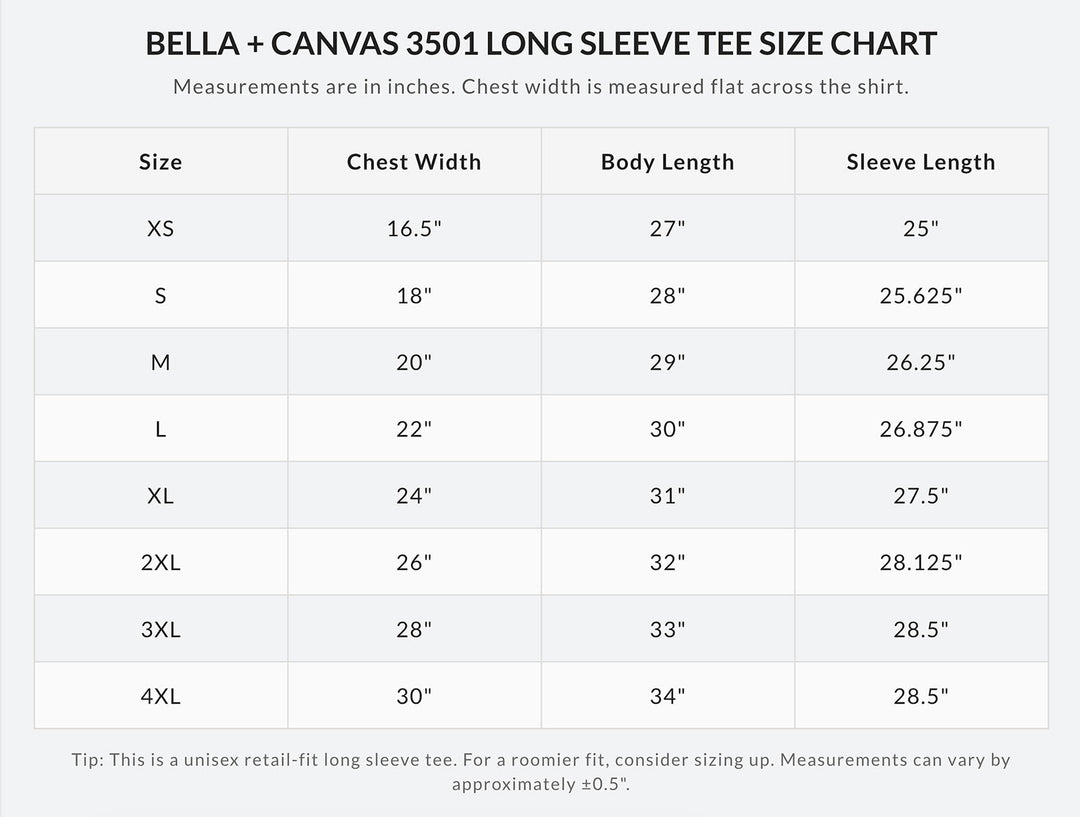 Bella + Canvas 3501 unisex long-sleeve tee size chart in inches