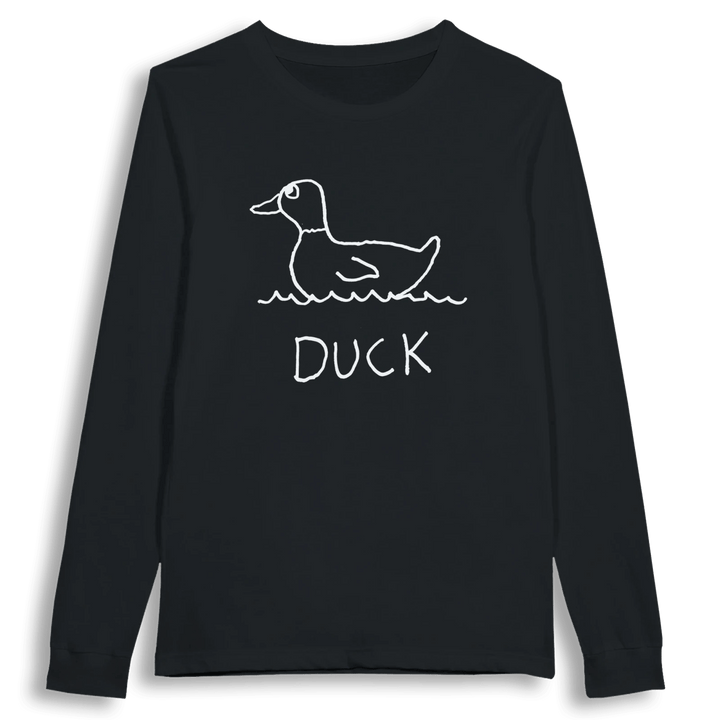lo-fi Duck Long Sleeve Tee — hand-drawn duck graphic on a white long-sleeve t-shirt