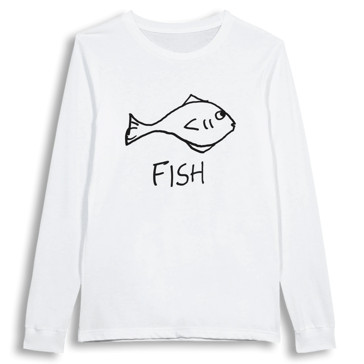 lo-fi Fish Long Sleeve Tee — hand-drawn fish graphic on a white long-sleeve t-shirt