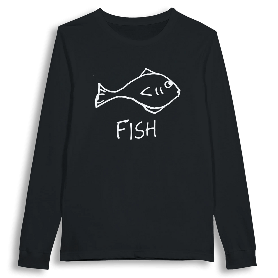 lo-fi Fish Long Sleeve Tee — hand-drawn fish graphic on a white long-sleeve t-shirt