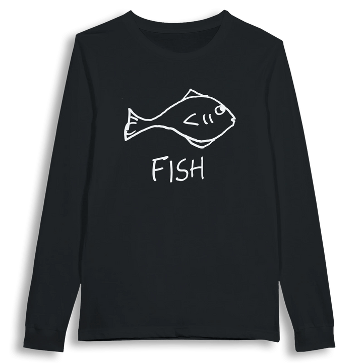 lo-fi Fish Long Sleeve Tee — hand-drawn fish graphic on a white long-sleeve t-shirt