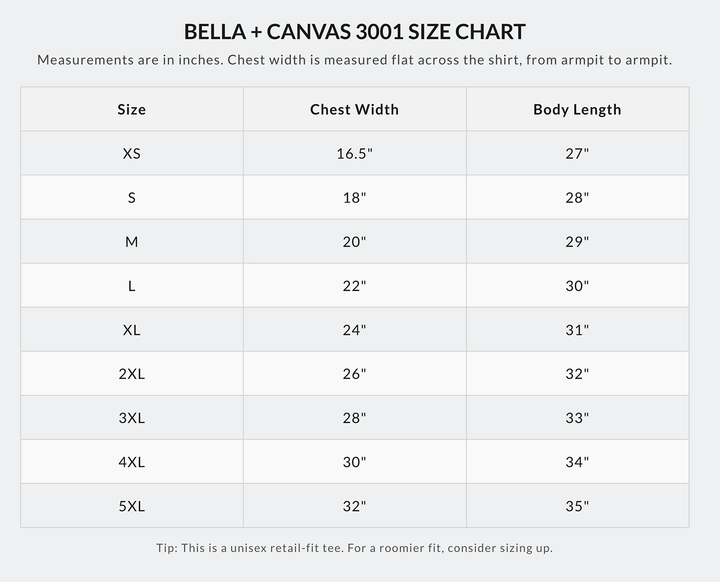 Bella + Canvas 3001 unisex t-shirt size chart in inches