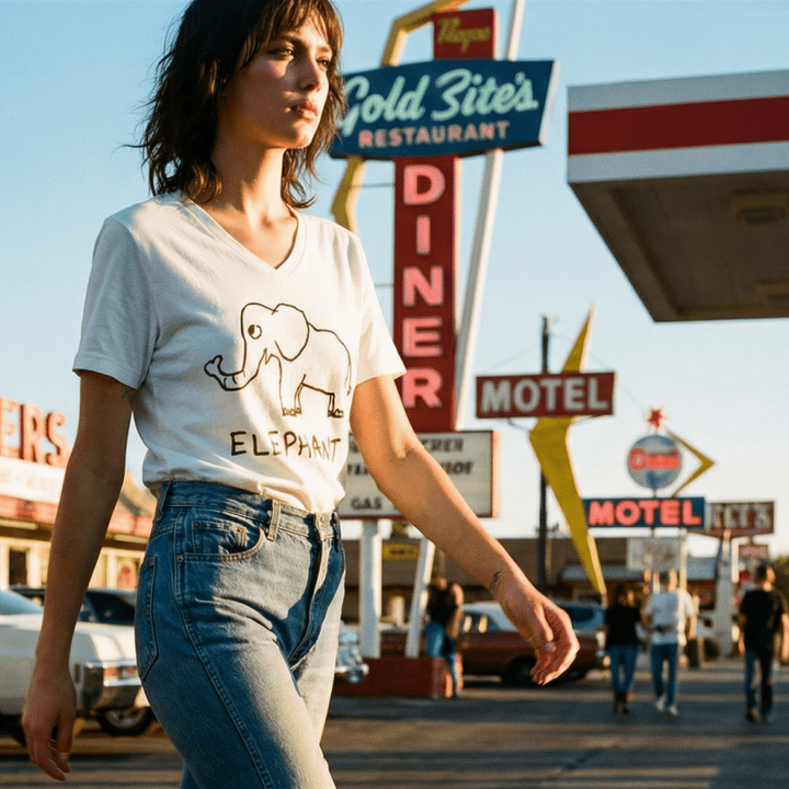 Woman walking past a vintage motel and diner wearing a lo-fi Elephant V-Neck T-Shirt