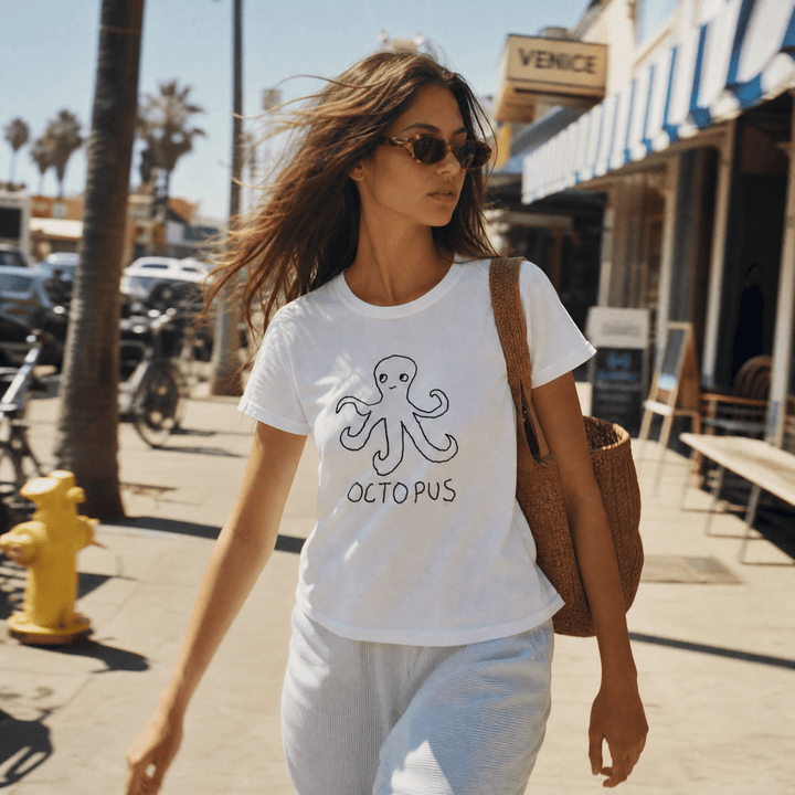 Woman walking a Venice Beach street wearing a lo-fi Octopus Women&