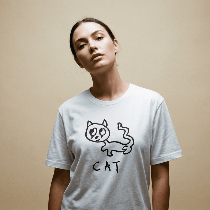 Woman in a minimalist studio portrait wearing a lo-fi Cat Women&