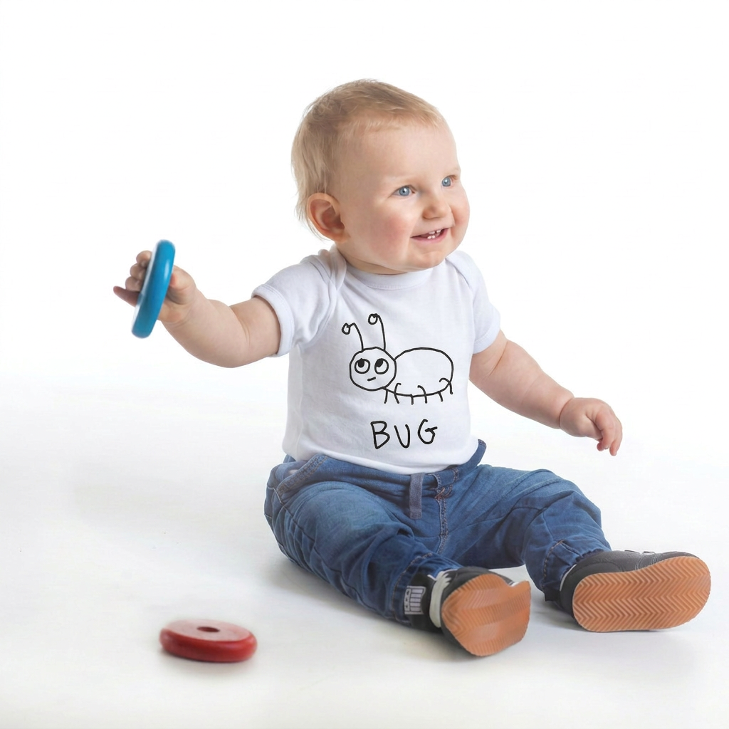 Baby wearing a white shirt with a caterpillar design and the word &