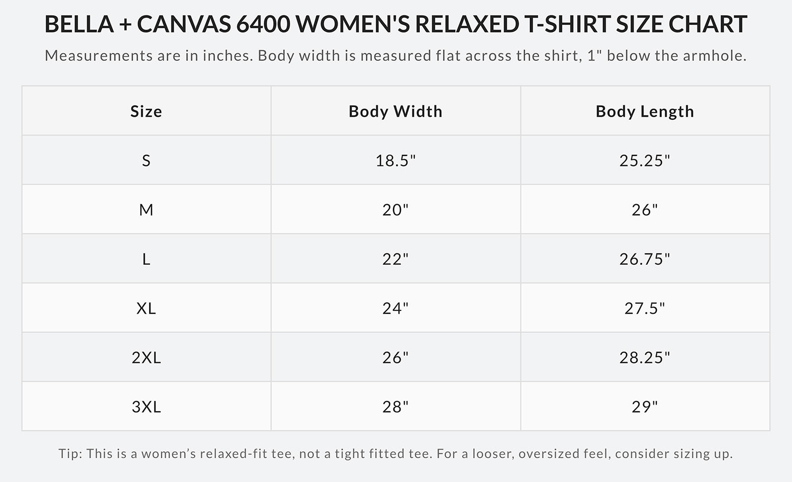 Bella + Canvas 6400 women's relaxed t-shirt size chart in inches