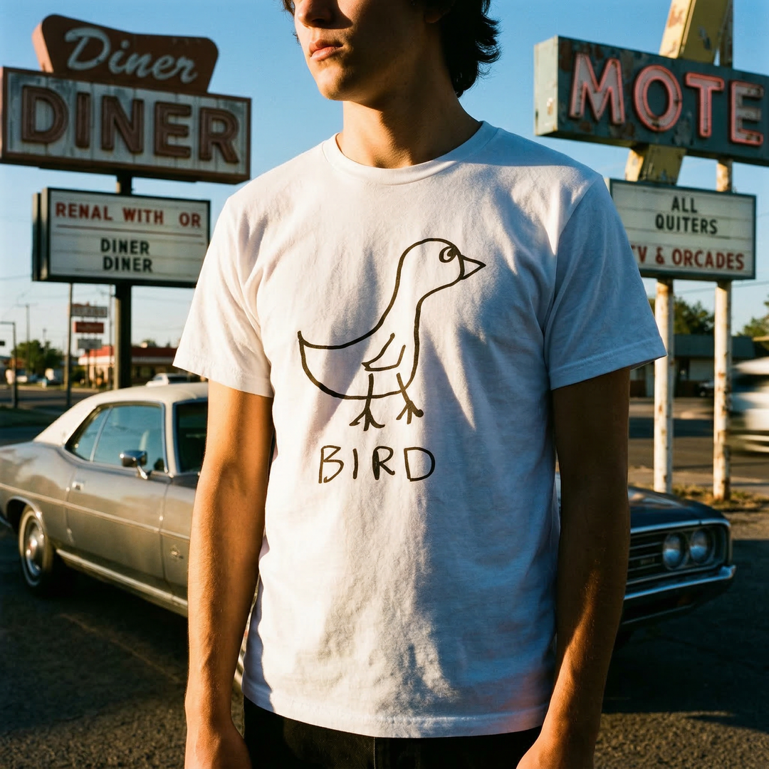 Bird classic tee in Americana setting – quirky animal graphic tee