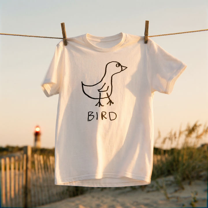 White t-shirt with a bird graphic and &