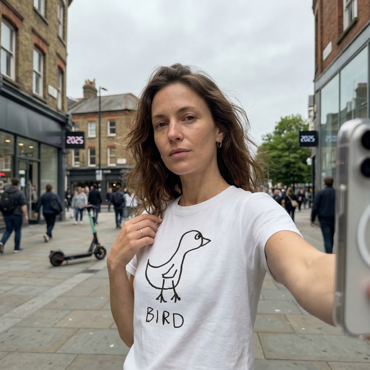 Bird graphic tee worn on city street – lofi animal shirt streetwear style.