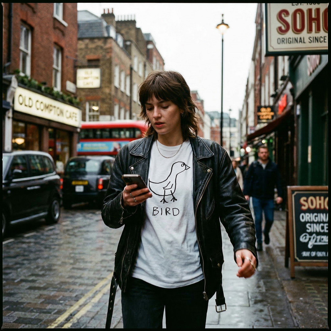 Bird graphic tee worn on London street – lofi animal shirt streetwear style