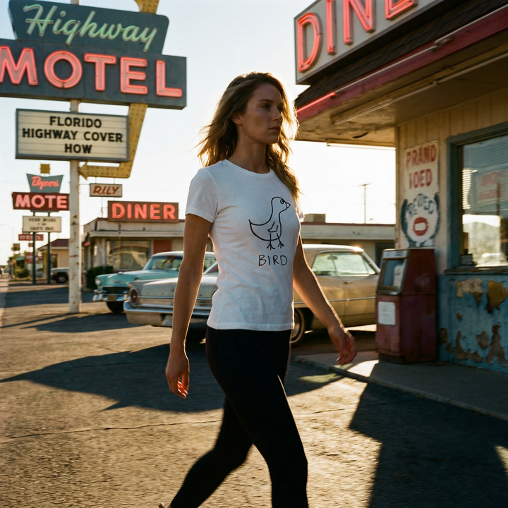 Woman  wearing a fitted white t-shirt with a simple hand drawn bird graphic and text, walking in front of a vintage diner with neon signs.
