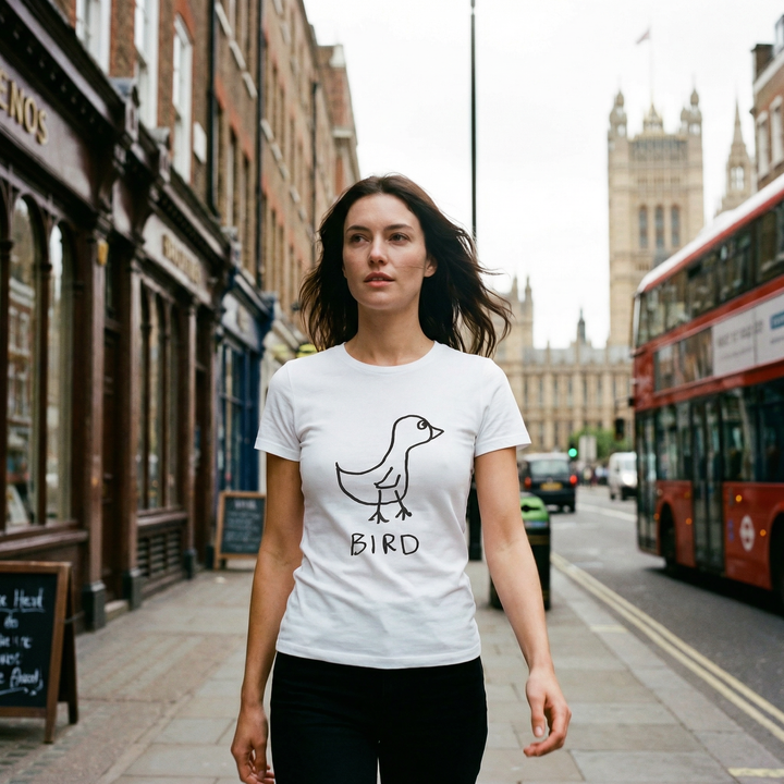 Bird graphic fitted tee worn on city street – lofi animal shirt style