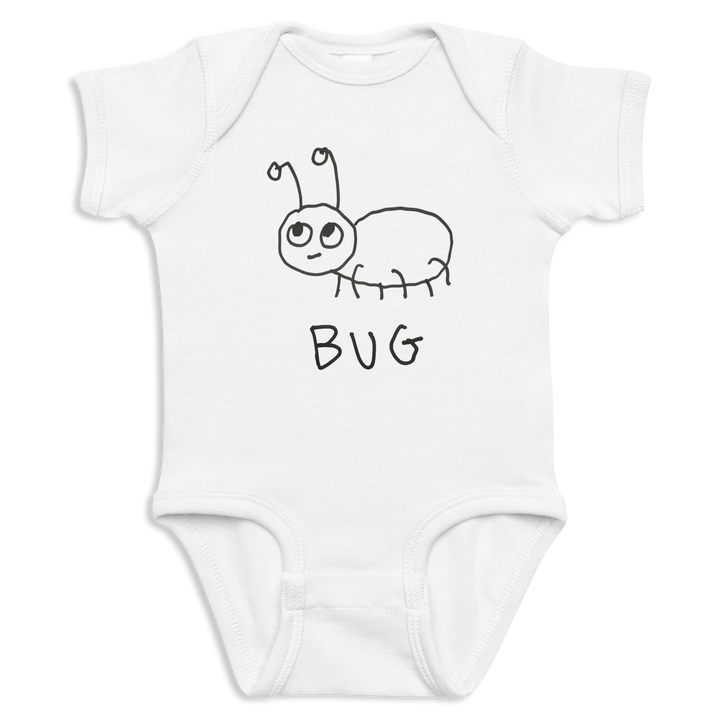 White baby onesie with a black caterpillar illustration and &