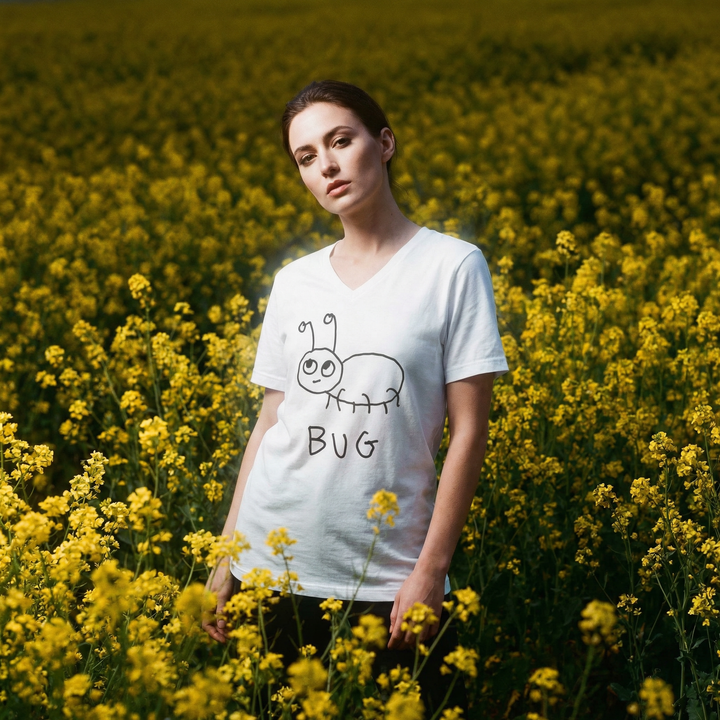 Model in bug tee standing in a yellow flower field, looking at camera