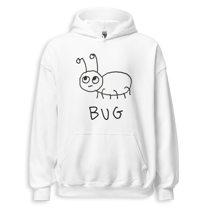White hoodie with a cartoon bug design and the word &