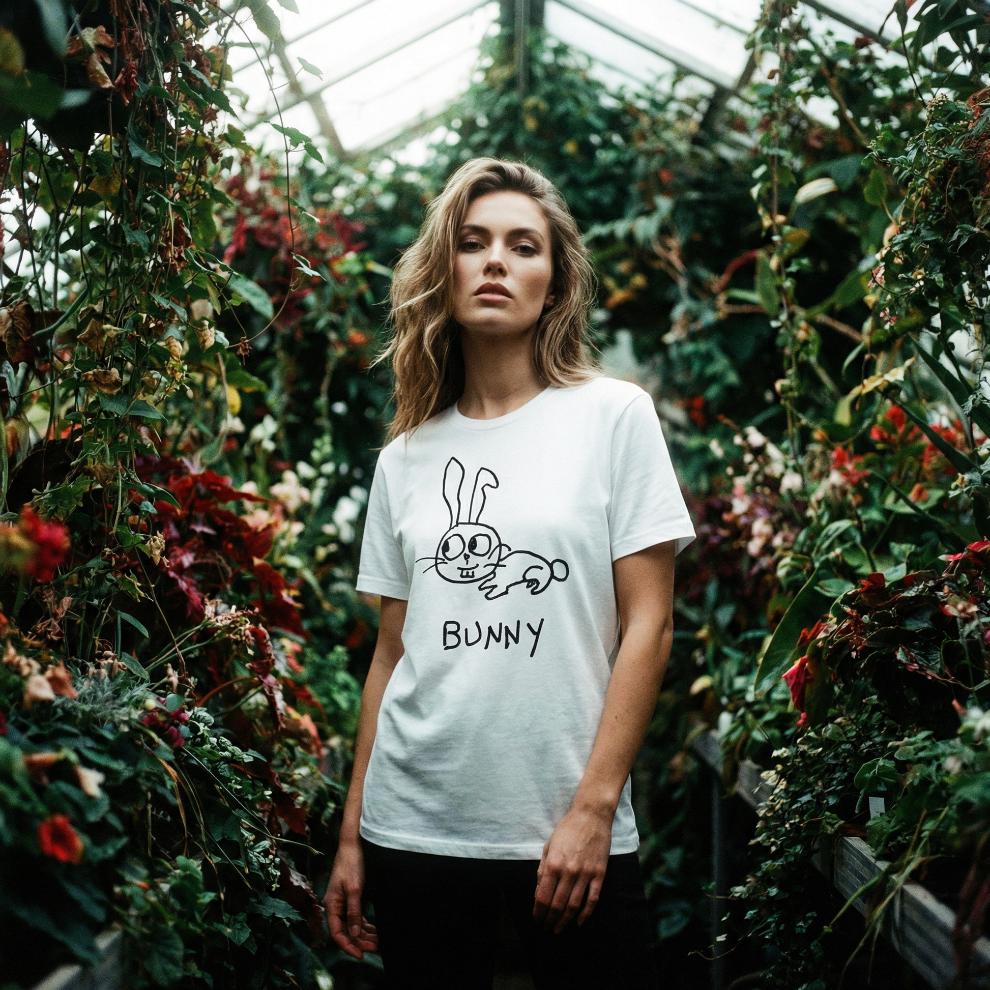 Bunny graphic tee worn by beautiful woman in greenhouse setting – lofi animal shirt streetwear style