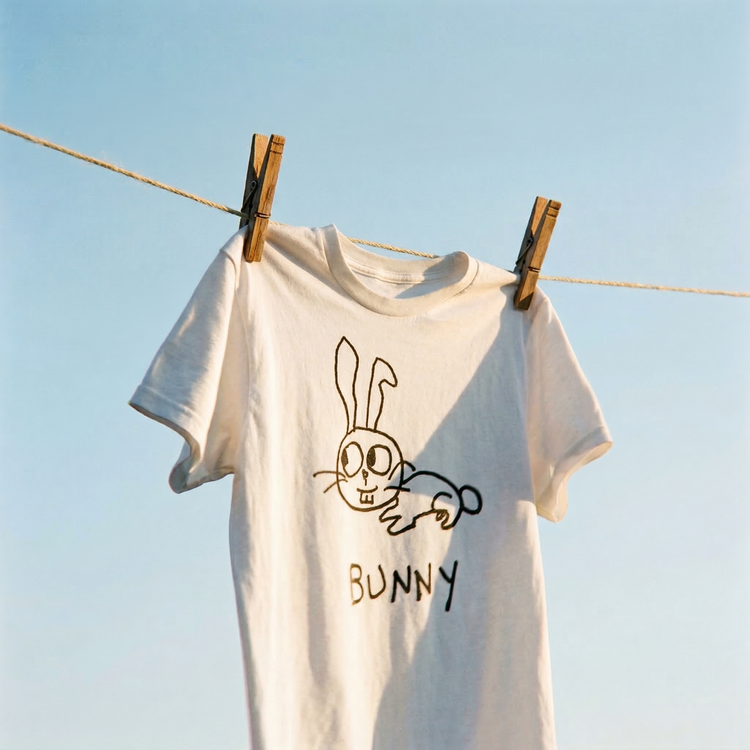 White t-shirt with a bunny graphic and &