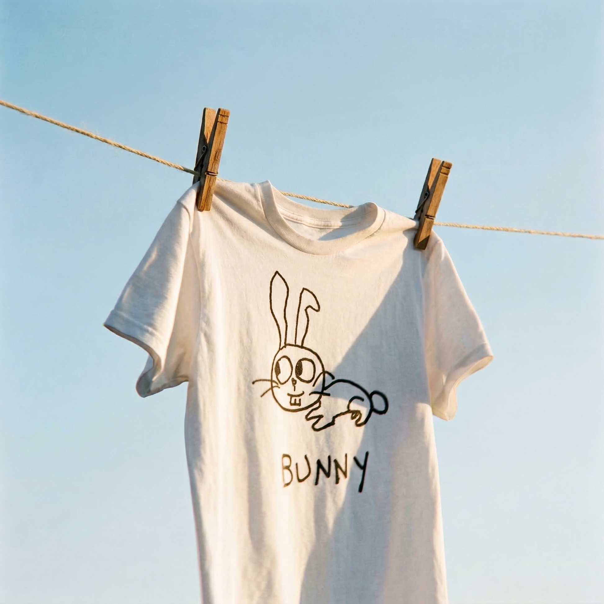 White t-shirt with a bunny graphic and 'BUNNY' text hanging on a clothesline against a blue sky.