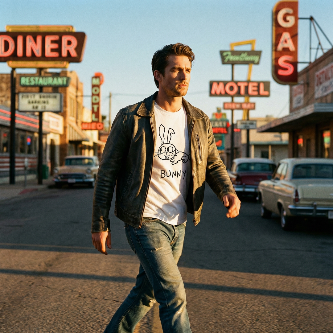 Bunny classic tee in Americana setting – quirky animal graphic tee