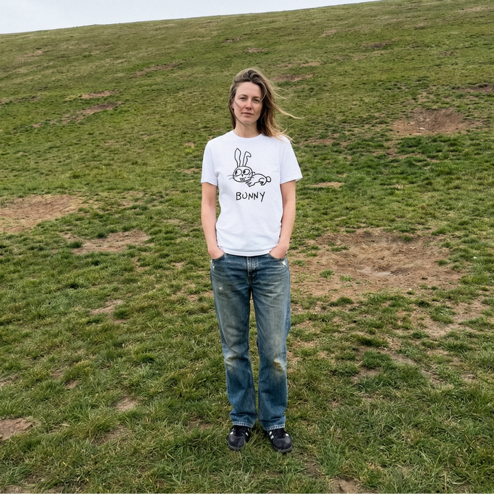 Bunny shirt worn outdoors – minimalist lofi bunny tee in natural setting