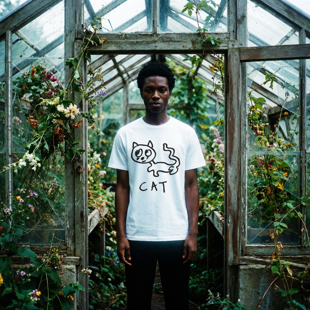 Cat graphic tee worn in greenhouse setting– lofi animal shirt streetwear style