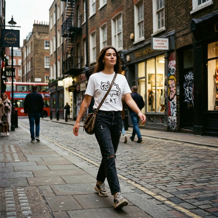 Cat graphic tee worn outside in Soho London – lofi animal shirt streetwear style