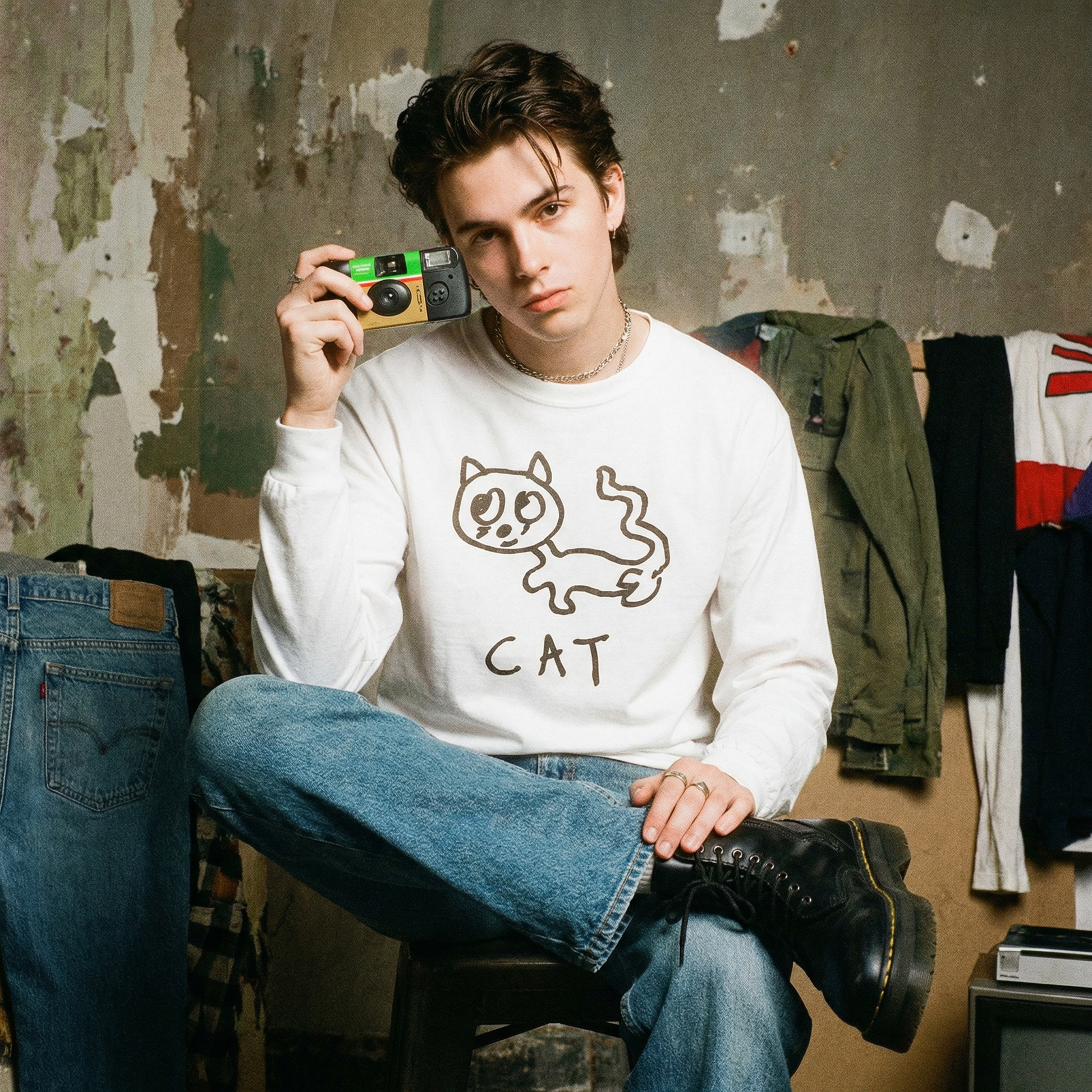 Model wearing a cat graphic long sleeve in a moody, oversized 90s-inspired shoot