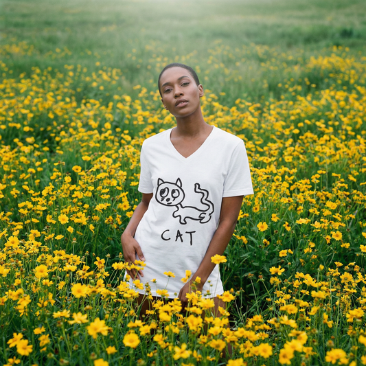 Model in the cat v-neck tee standing quietly among rows of yellow blooms
