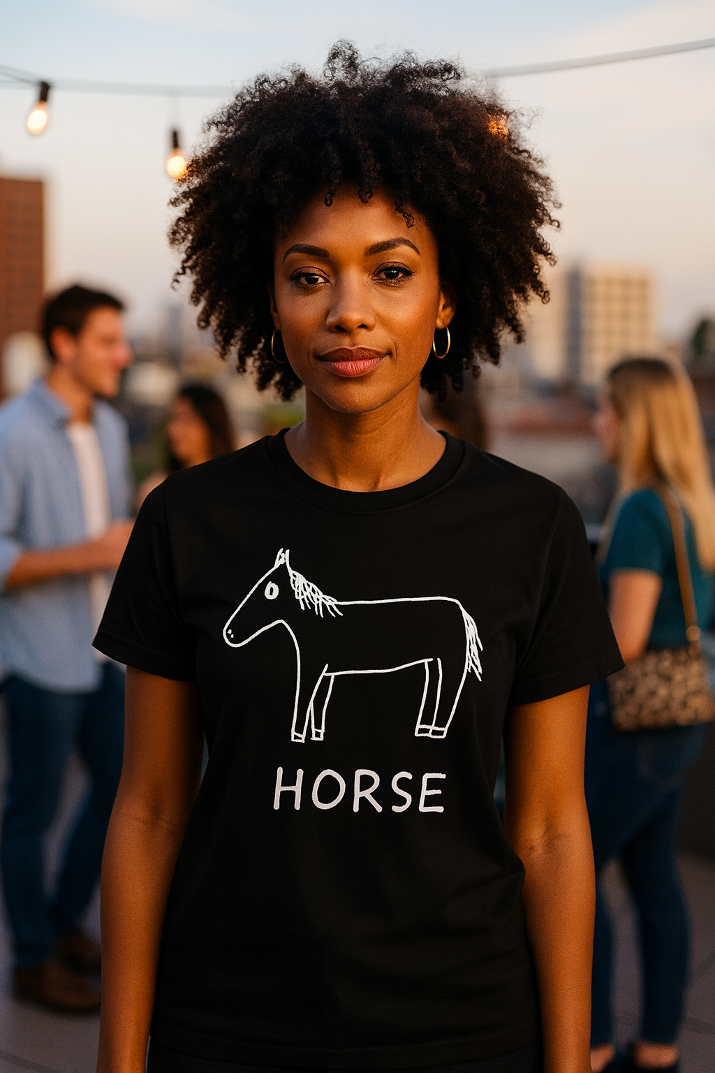 Horse shirt worn outdoors at urban rooftop party – minimalist lofi horse tee in magic hour setting