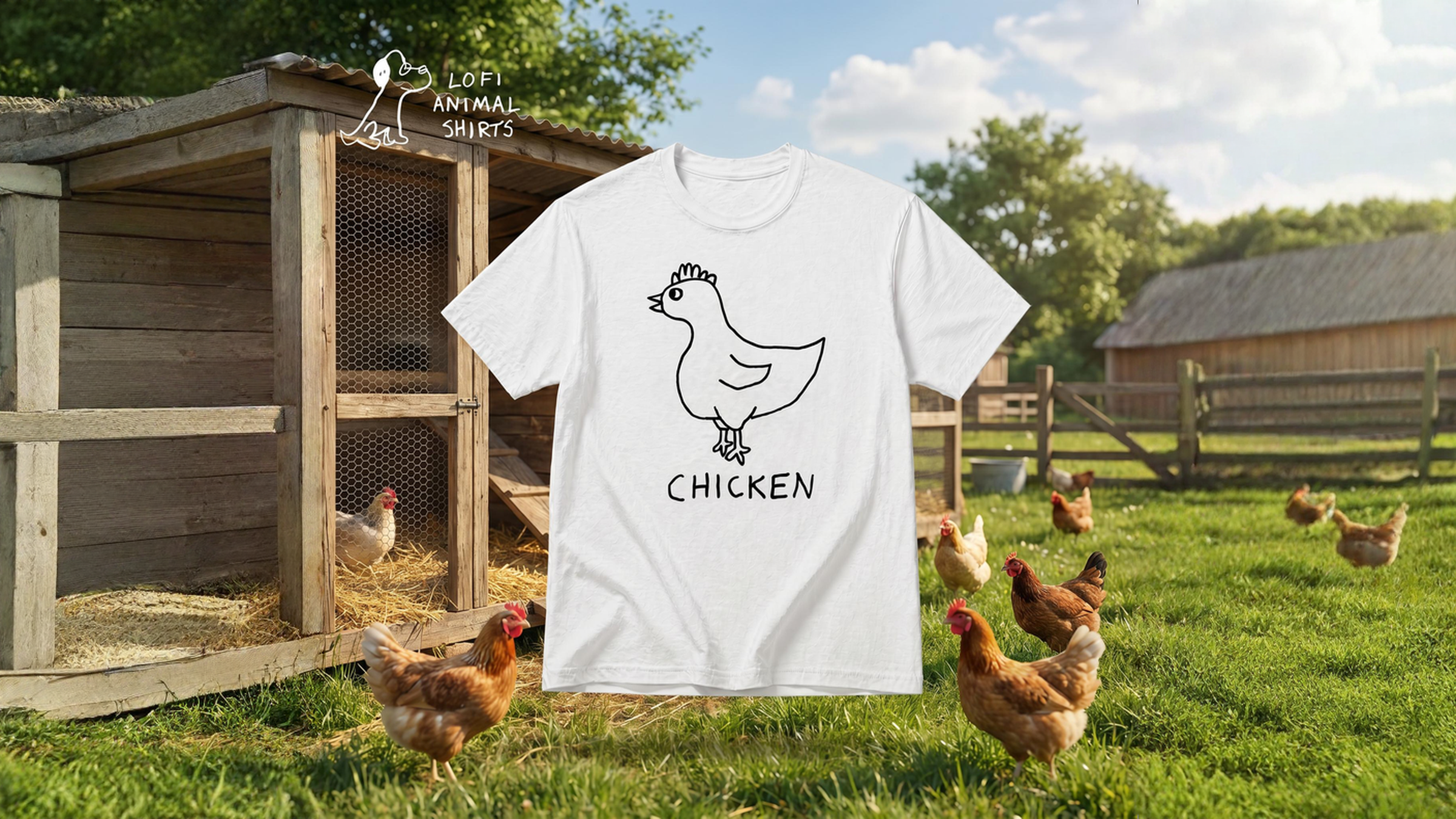 White t-shirt with hand-drawn, lo-fi, chicken graphic and 'CHICKEN' text on a farm background