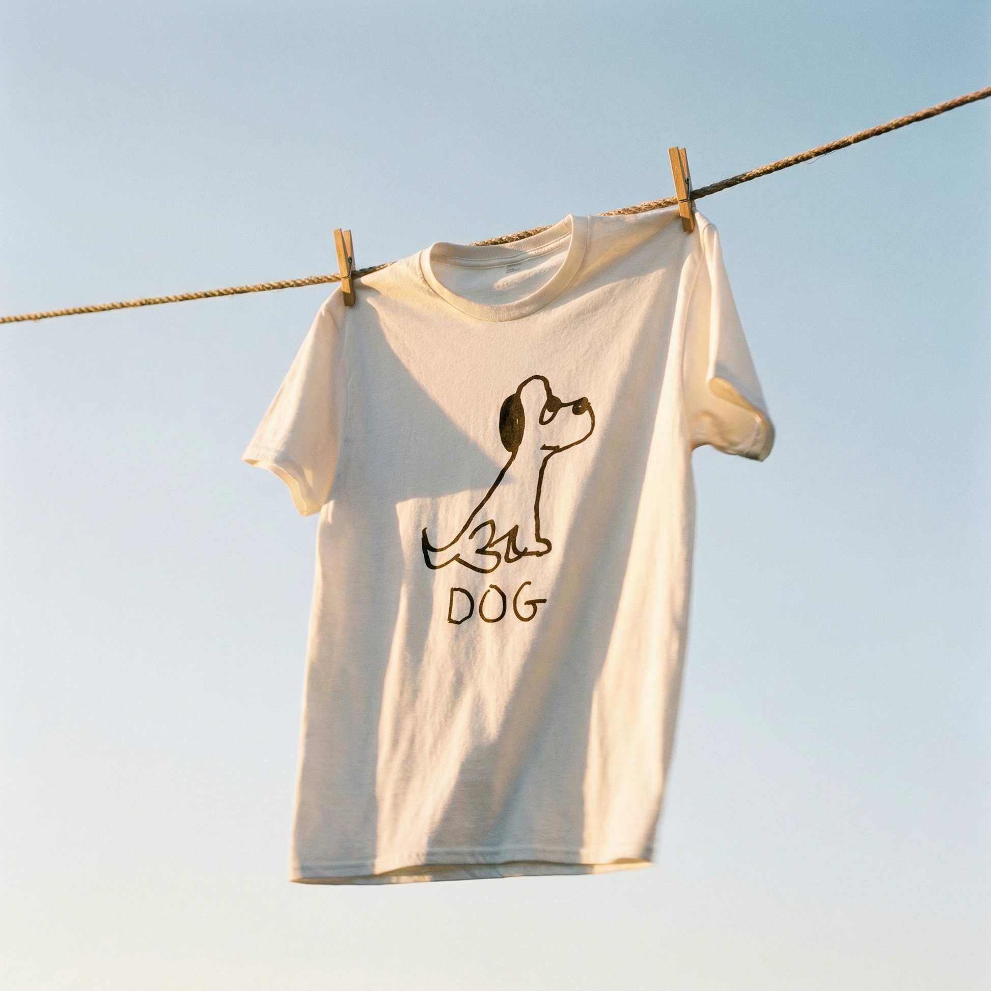 White t-shirt with a simple hand drawn dog graphic and 'DOG' text hanging on a clothesline against a clear blue sky.