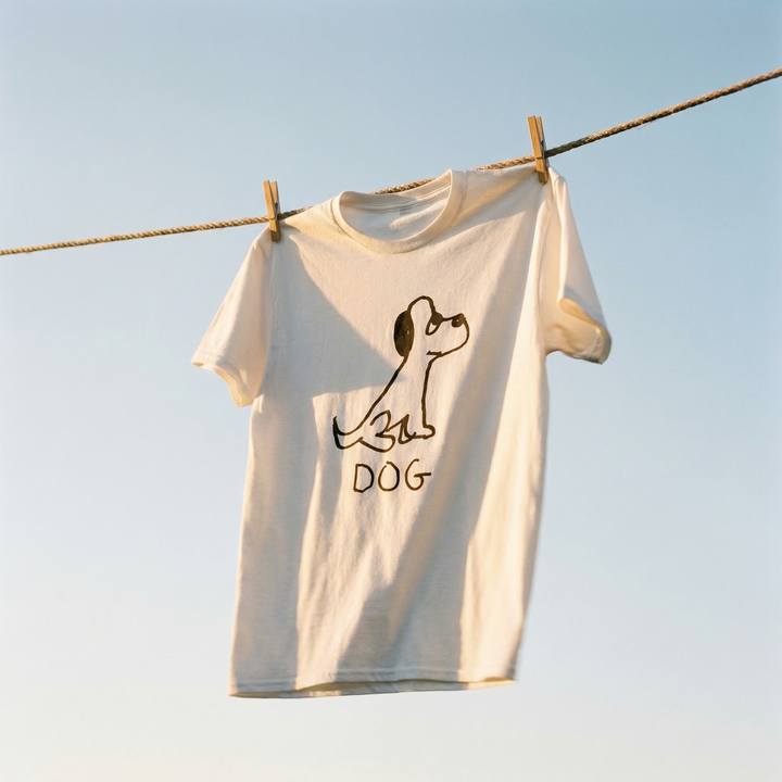 White t-shirt with a simple hand drawn dog graphic and &