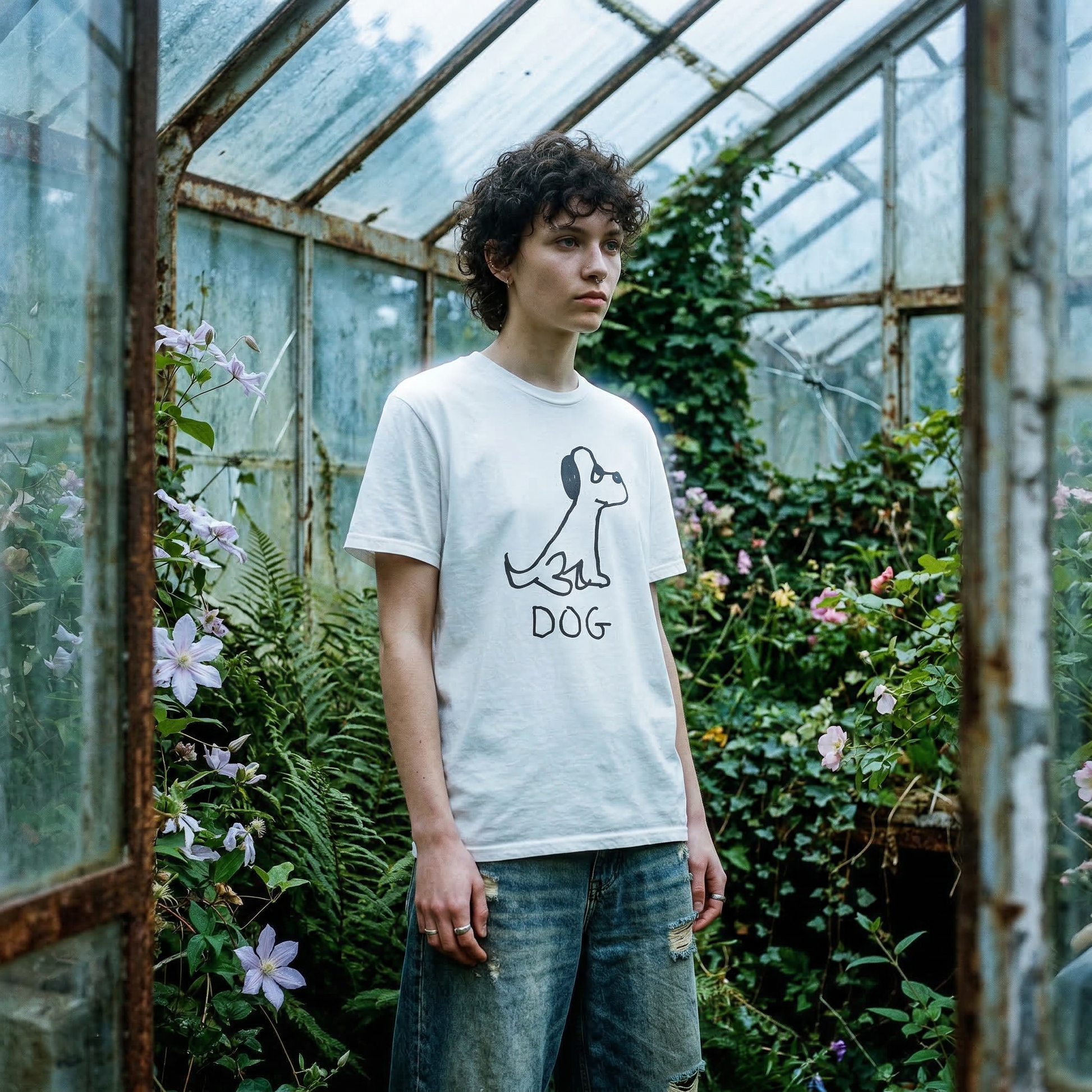 Dog classic tee in greenhouse setting – quirky animal graphic tee
