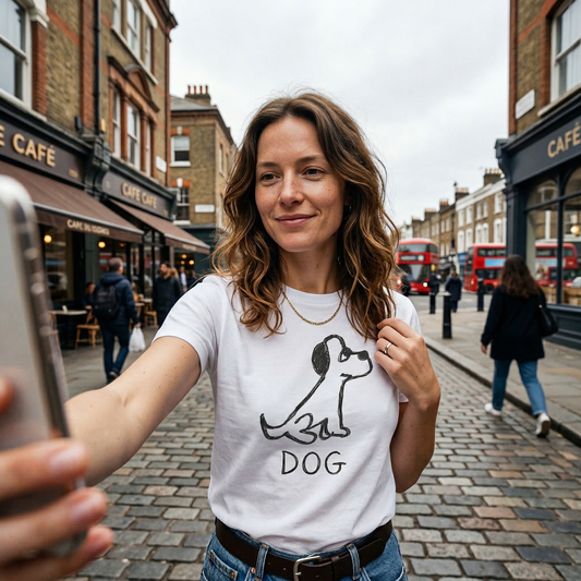 Dog shirt worn outdoors in city – minimalist lofi dog tee in London