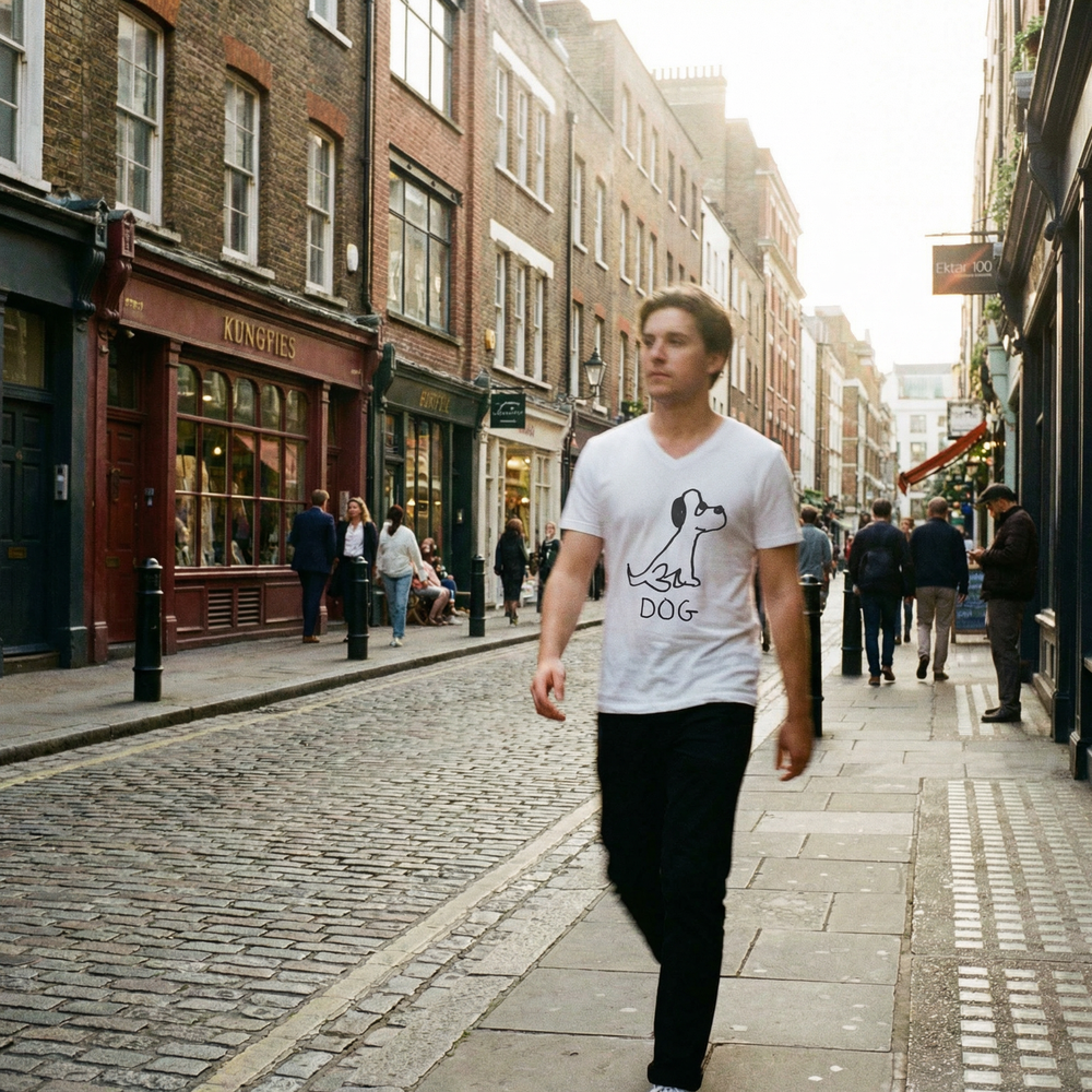 Model in a dog tee walking past red brick walls in Soho, London