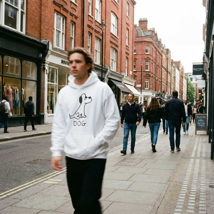 Dog graphic hoodie worn on city street – lofi animal streetwear