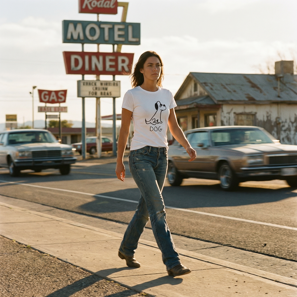 Dog women's tee in Americana setting – quirky animal graphic tee