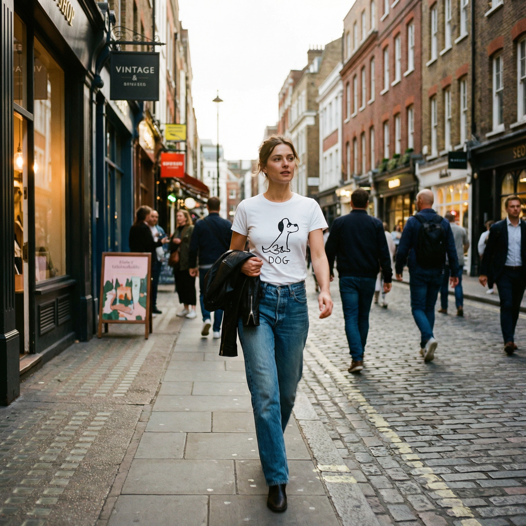 Dog graphic fitted tee worn on city street – lofi animal shirt style